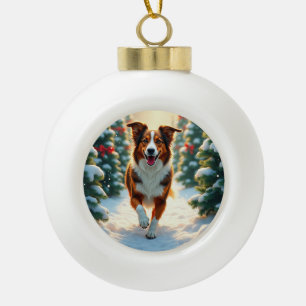 Australian Shepherd Christmas Tree Farm Painting Ceramic Ball Christmas Ornament