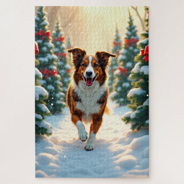 Australian Shepherd Christmas Tree Farm Painting Jigsaw Puzzle (Vertical)