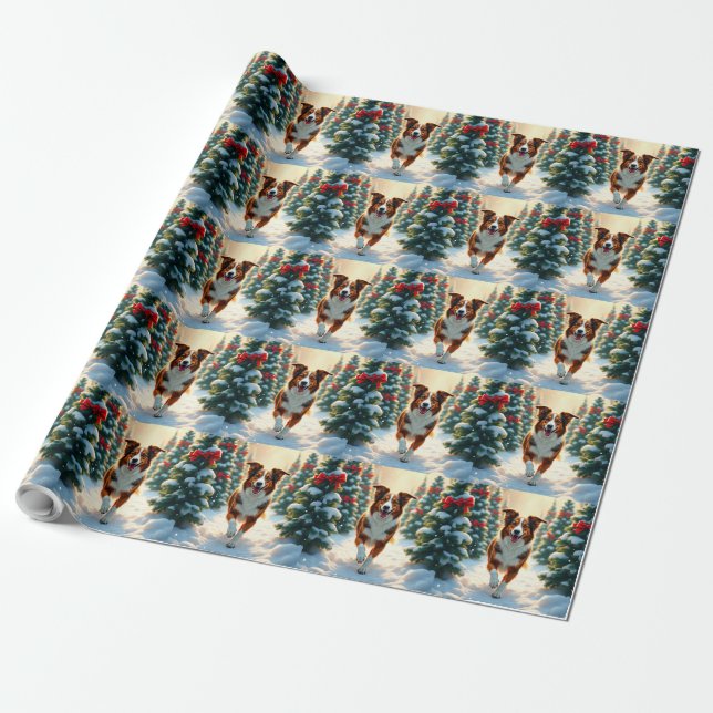 Australian Shepherd Christmas Tree Farm Painting Wrapping Paper (Unrolled)