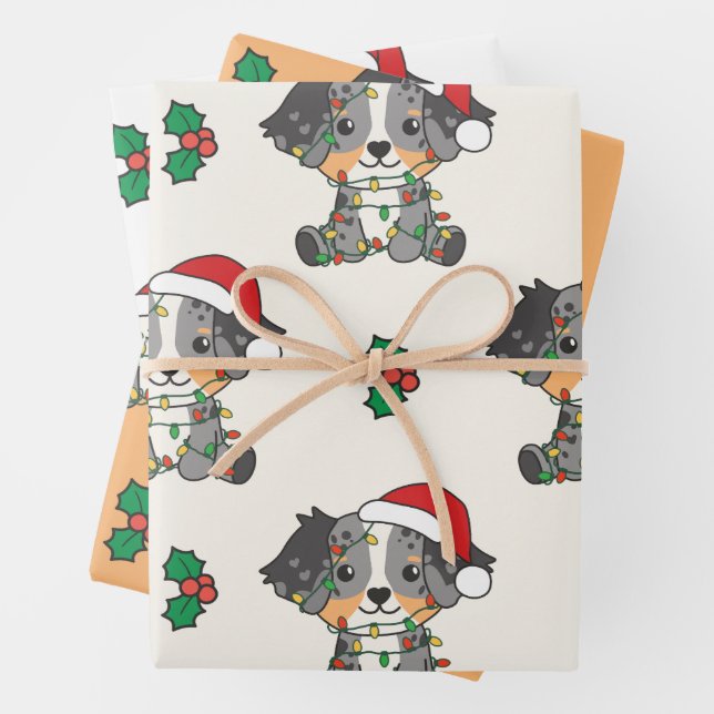 Australian Shepherd Christmas Winter Animals Wrapping Paper Sheet (In situ)
