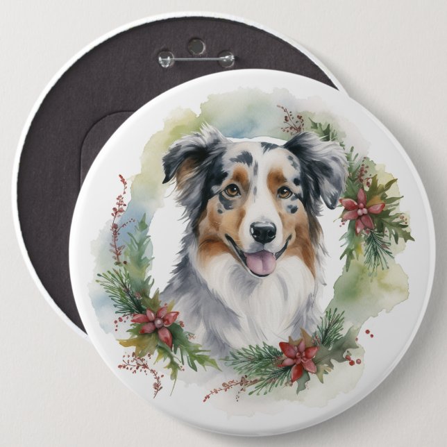 Australian Shepherd Christmas Wreath Festive Pup  6 Cm Round Badge (Front & Back)