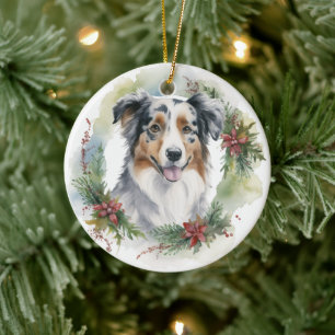 Australian Shepherd Christmas Wreath Festive Pup  Ceramic Tree Decoration