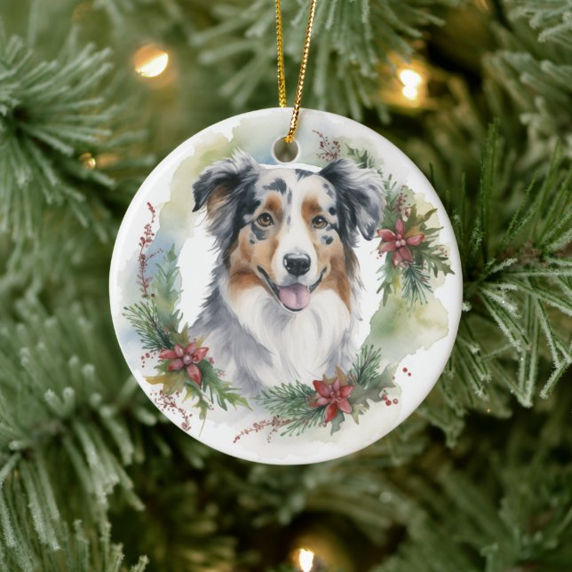 Australian Shepherd Christmas Wreath Festive Pup  Ceramic Tree Decoration (Tree)