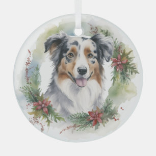 Australian Shepherd Christmas Wreath Festive Pup  Glass Tree Decoration