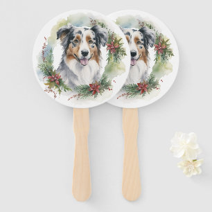 Australian Shepherd Christmas Wreath Festive Pup  Hand Fan