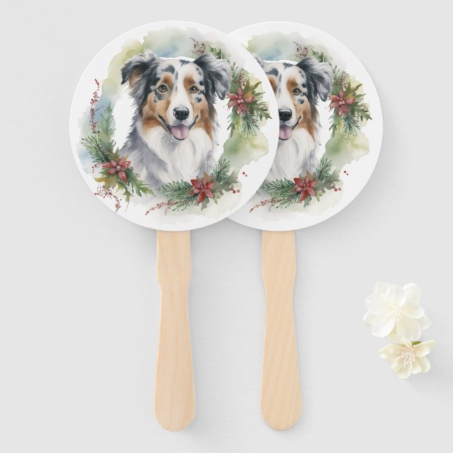 Australian Shepherd Christmas Wreath Festive Pup  Hand Fan (Front and Back)