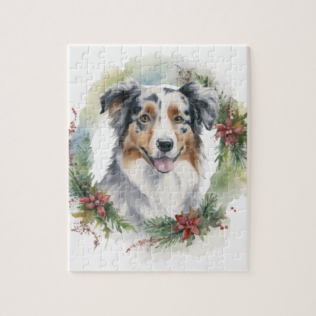 Australian Shepherd Christmas Wreath Festive Pup  Jigsaw Puzzle (Vertical)