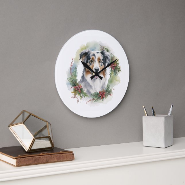 Australian Shepherd Christmas Wreath Festive Pup  Large Clock (Office)