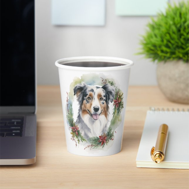 Australian Shepherd Christmas Wreath Festive Pup  Paper Cups (Insitu)
