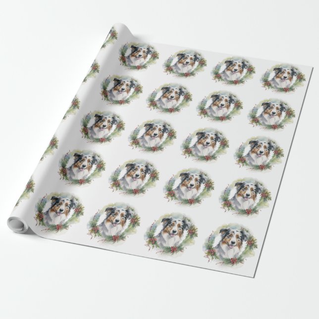 Australian Shepherd Christmas Wreath Festive Pup  Wrapping Paper (Unrolled)