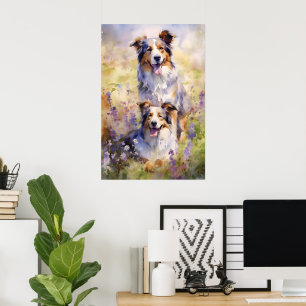Australian Shepherd colorful watercolor artwork Poster