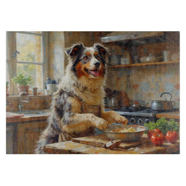 Australian Shepherd Cooking in Kitchen Cutting Board (Front)