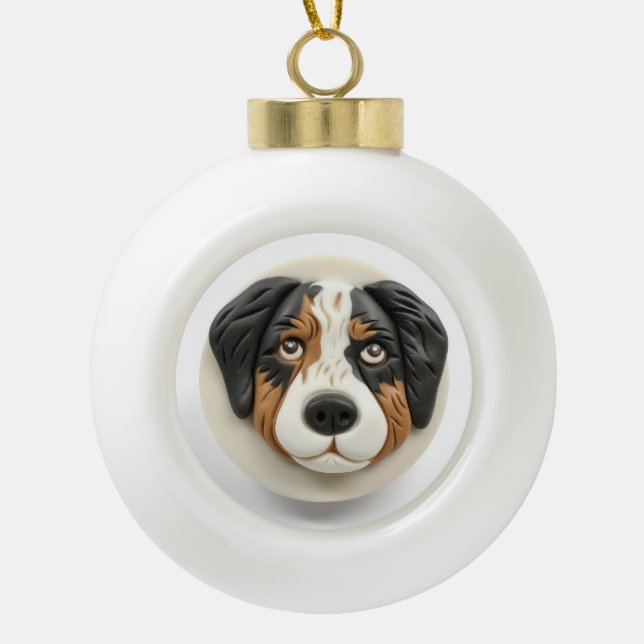 Australian Shepherd Dog 3D Inspired Ceramic Ball Christmas Ornament (Front)