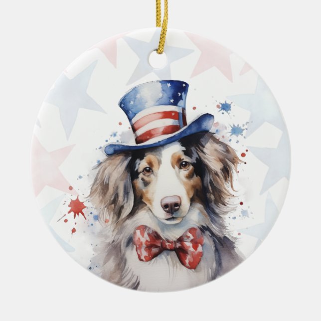 Australian shepherd Dog, 4th of july Personalised Ceramic Tree Decoration (Front)