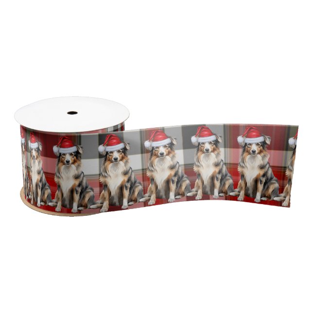 Australian Shepherd Dog and Plaid Christmas Satin Ribbon (Spool)