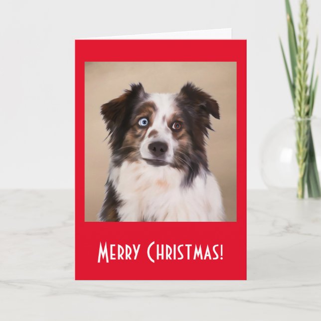 Australian Shepherd Dog Art Red Merry Christmas Holiday Card (Front)