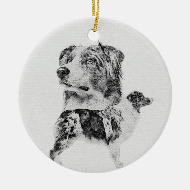 Australian Shepherd dog - Aussie pencil sketch Ceramic Tree Decoration (Front)