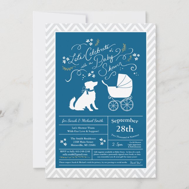 Australian Shepherd Dog Baby Shower Blue Boy Invitation (Front)