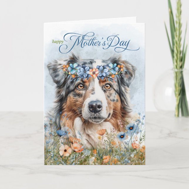 Australian Shepherd Dog Botanical Mother's Day Holiday Card (Front)