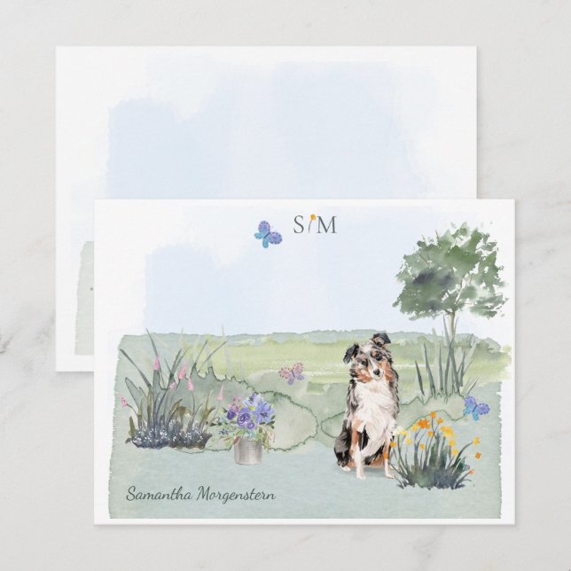 Australian Shepherd Dog Butterfly Monogram Name   Card (Front/Back)