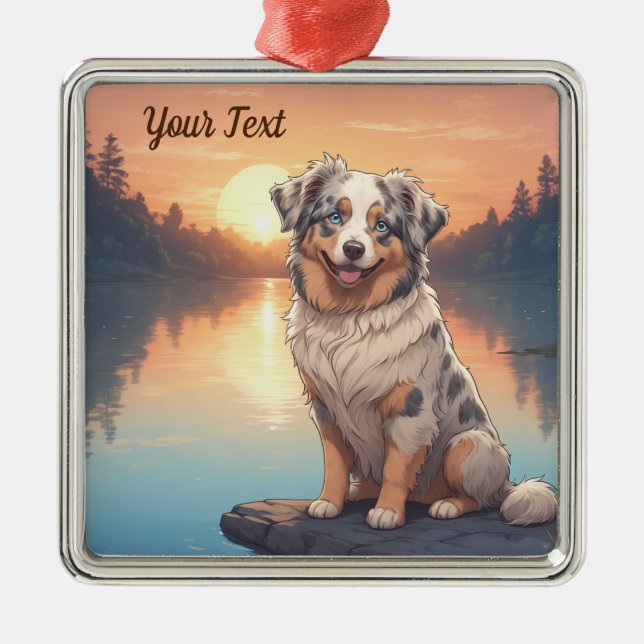 Australian Shepherd Dog by Lake Metal Tree Decoration (Front)