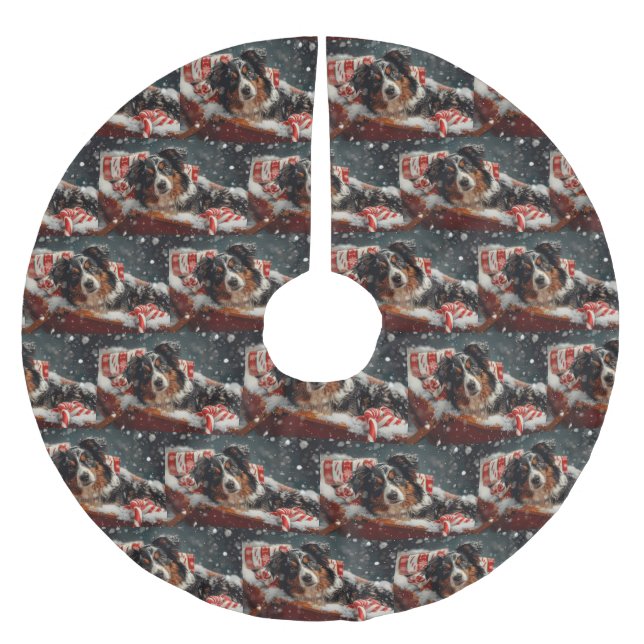 Australian Shepherd Dog Christmas Festive Brushed Polyester Tree Skirt (Front)