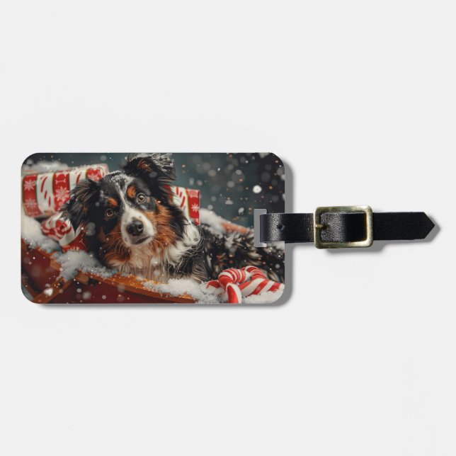 Australian Shepherd Dog Christmas Festive Luggage Tag (Front Horizontal)