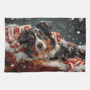 Australian Shepherd Dog Christmas Festive Tea Towel