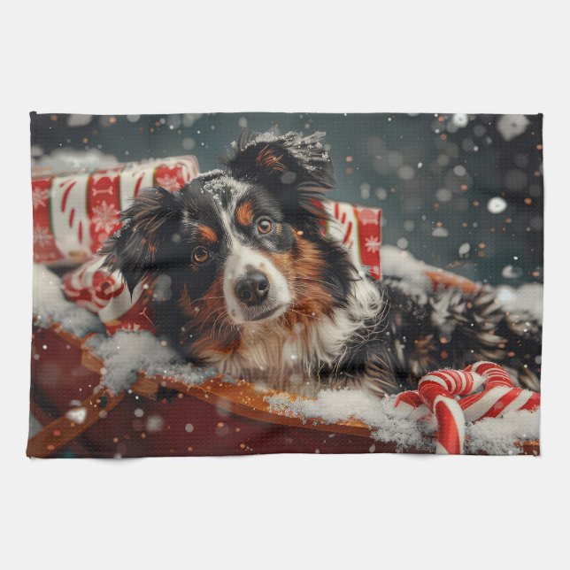 Australian Shepherd Dog Christmas Festive Tea Towel (Horizontal)