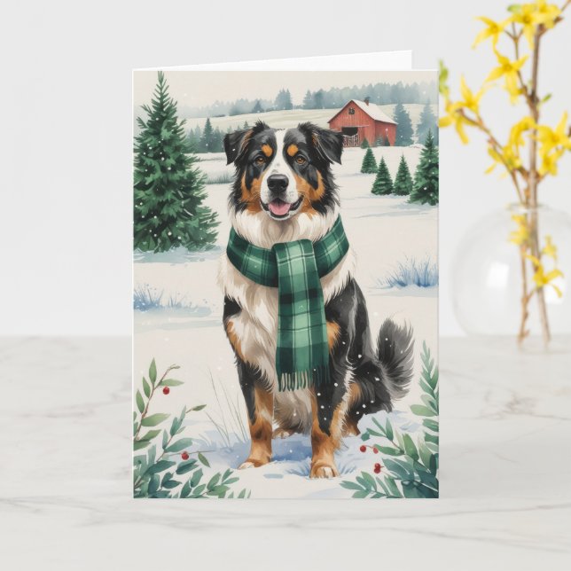 Australian Shepherd Dog Christmas Greeting Card (Yellow Flower)
