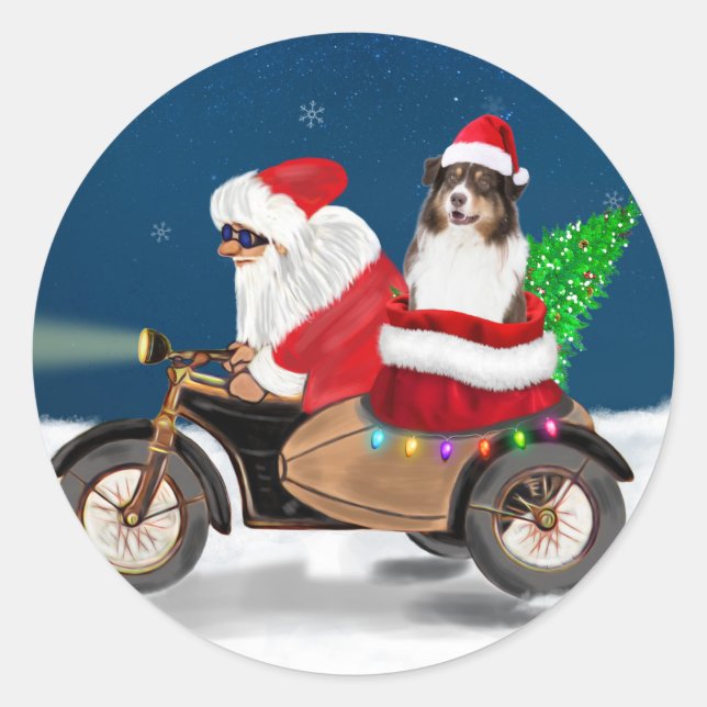 Australian Shepherd Dog Christmas Santa Claus Classic Round Sticker (Front)