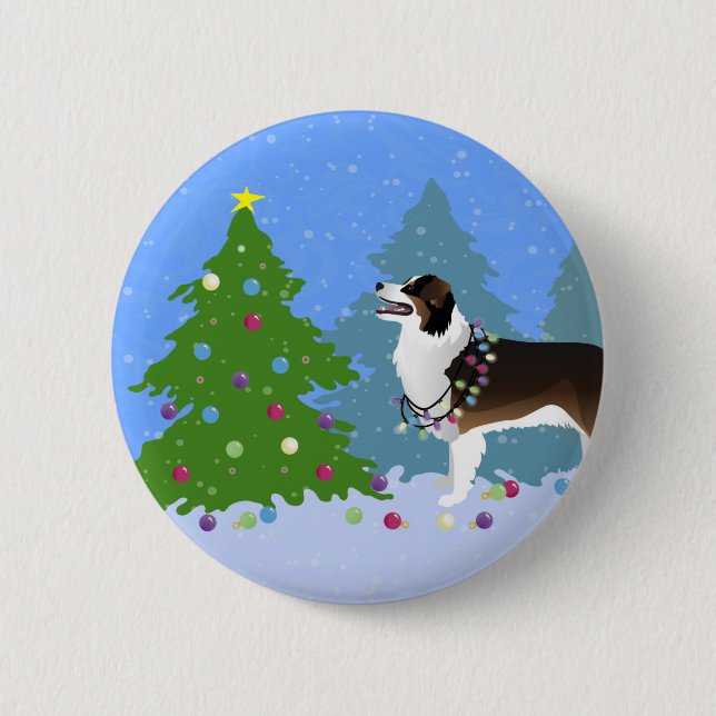 Australian Shepherd Dog Decorating Christmas Tree 6 Cm Round Badge (Front)