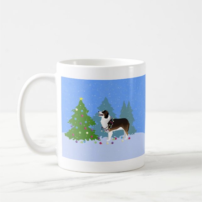Australian Shepherd Dog Decorating Christmas Tree Coffee Mug (Left)