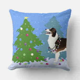 Australian Shepherd Dog Decorating Christmas Tree Cushion