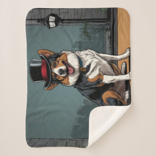 Australian Shepherd Dog Drawing on a Street Sherpa Blanket (Front)