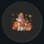 Australian Shepherd Dog Fall Scarf Leopard Pumpkin Classic Round Sticker<br><div class="desc">Australian Shepherd Dog Fall Scarf Leopard Pumpkins Autumn</div>