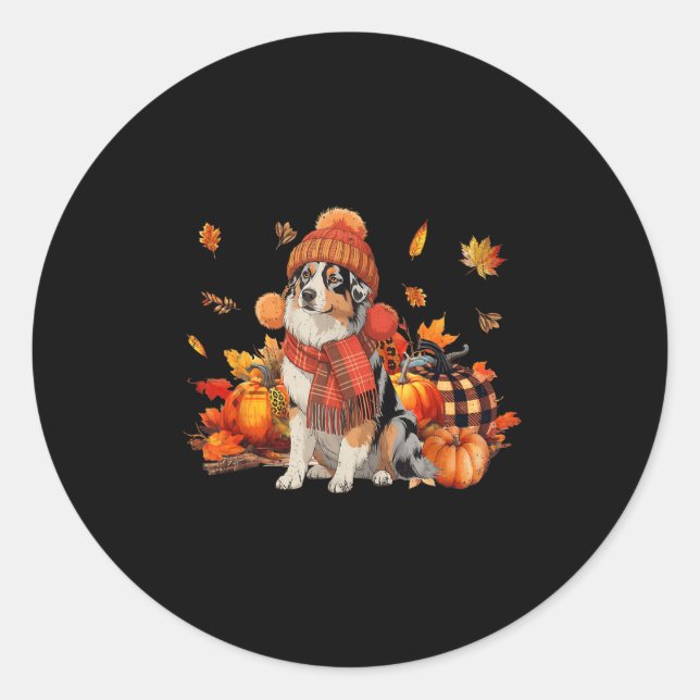 Australian Shepherd Dog Fall Scarf Leopard Pumpkin Classic Round Sticker (Front)