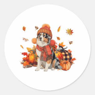 Australian Shepherd Dog Fall Scarf Leopard Pumpkin Classic Round Sticker