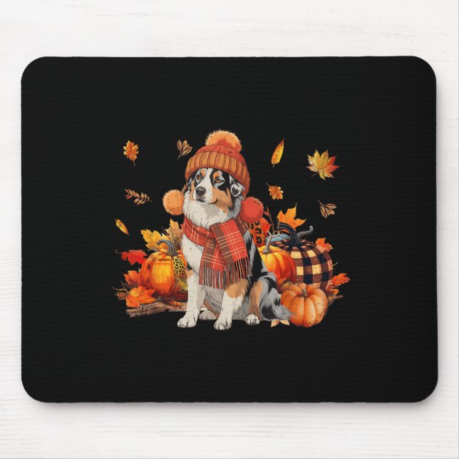 Australian Shepherd Dog Fall Scarf Leopard Pumpkin Mouse Mat (Front)
