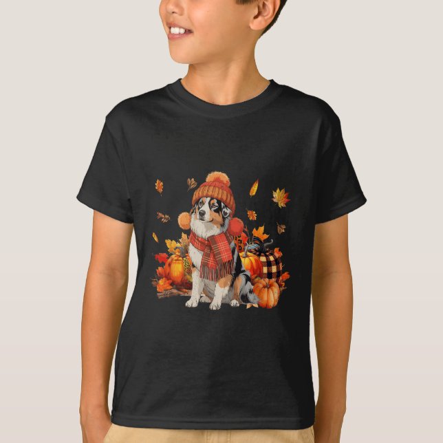 Australian Shepherd Dog Fall Scarf Leopard Pumpkin T-Shirt (Front)