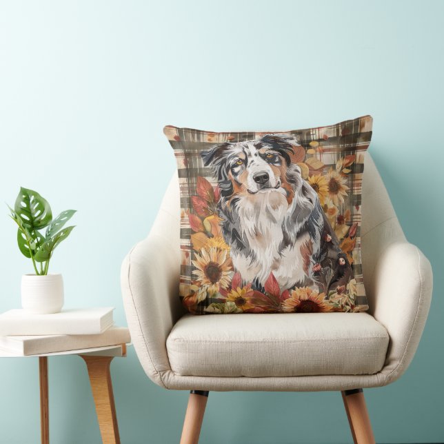 Australian Shepherd Dog Fall Watercolor Flowers Cushion (Chair)
