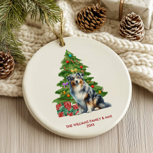 Australian Shepherd Dog Family Christmas Ceramic Tree Decoration