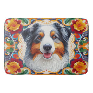 Australian Shepherd Dog Floral Colourful Border  Bath Mat