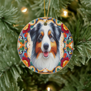 Australian Shepherd Dog Floral Colourful Border Ceramic Tree Decoration