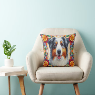 Australian Shepherd Dog Floral Colourful Border  Cushion