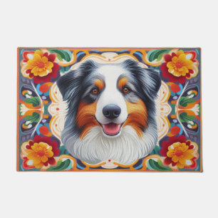 Australian Shepherd Dog Floral Colourful Border  Doormat