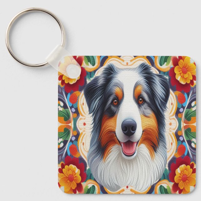 Australian Shepherd Dog Floral Colourful Border  Key Ring (Front)