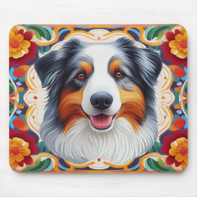 Australian Shepherd Dog Floral Colourful Border  Mouse Mat (Front)