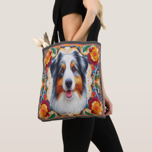 Australian Shepherd Dog Floral Colourful Border  Tote Bag