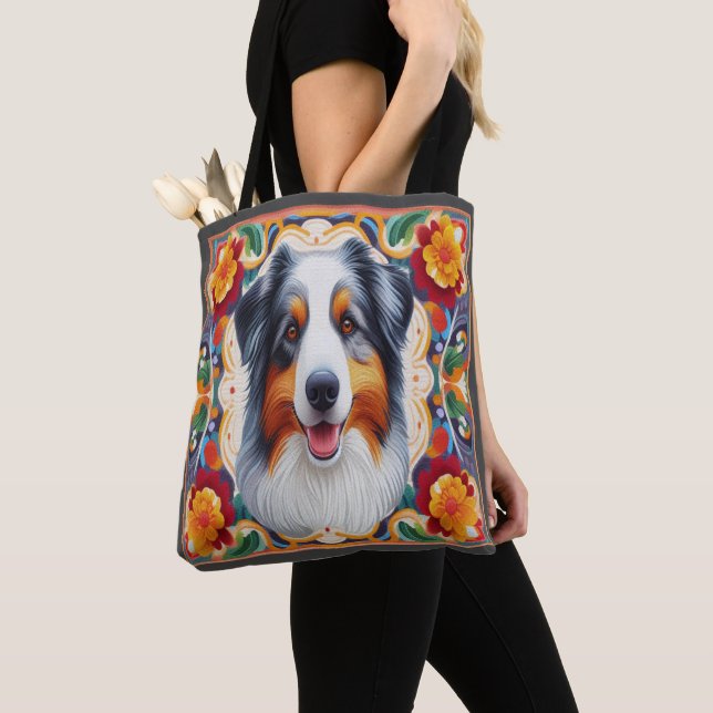 Australian Shepherd Dog Floral Colourful Border  Tote Bag (Close Up)